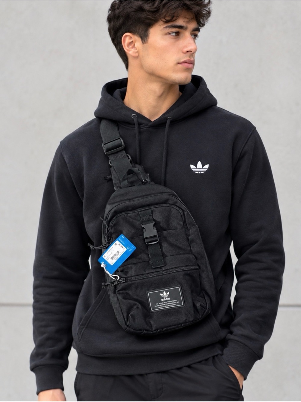 adidas Black Sling Bag with Front Patch for Men